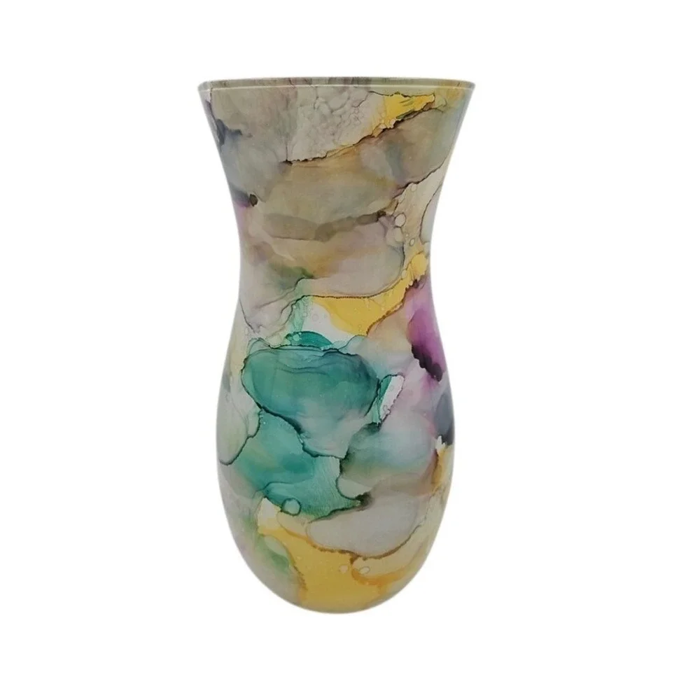 Unique Art Glass Vase Swirls Purple Green Yellow Abstract Design Accent‎ Decor
